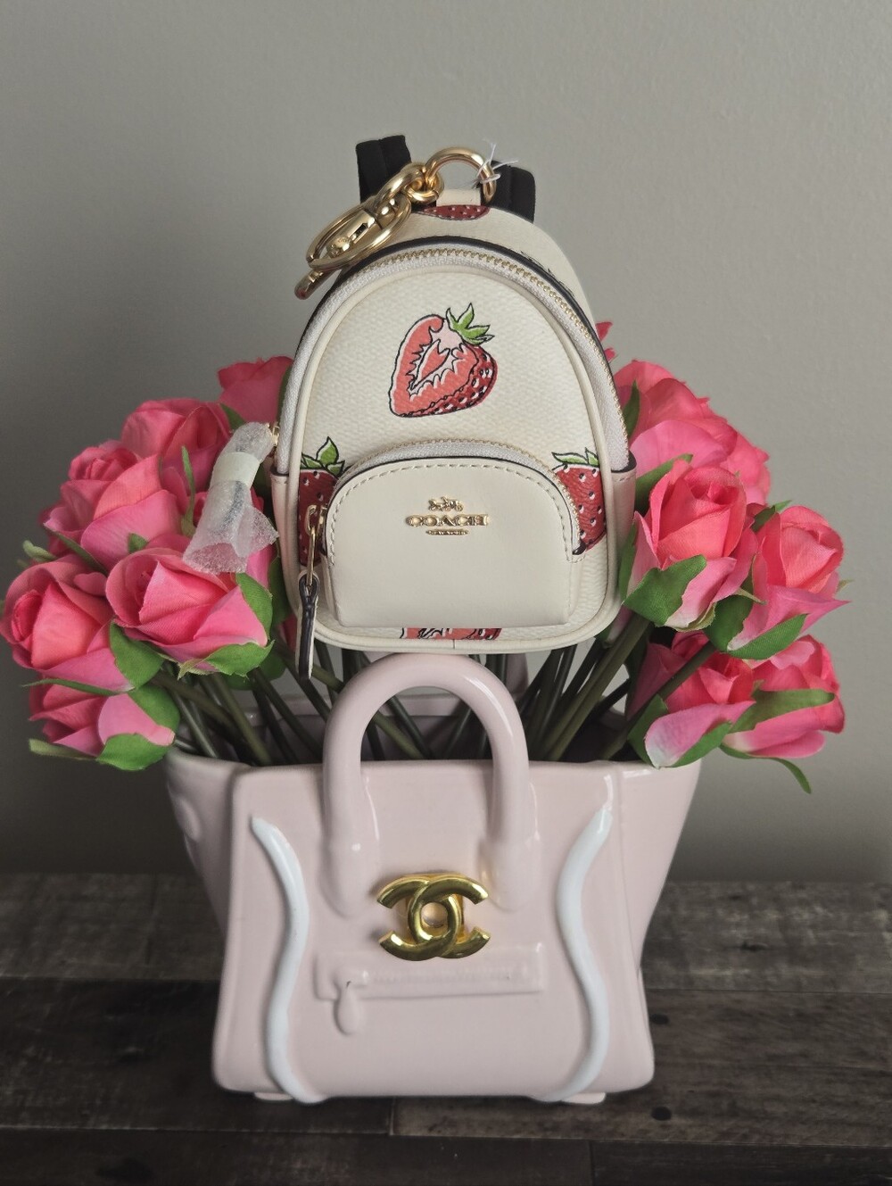 Coach Mini Court Backpack Charm with Red Strawberry Print